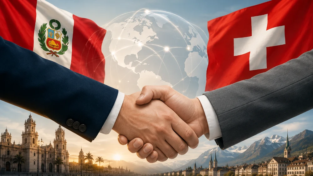 Saludo entre una contraparte peruana y una suiza, con las banderas de ambos países y una red de conexiones internacionales